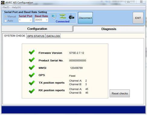 3.5.1 System Check The System Check function can be used to check the Firmware Version, Serial Number, MMSI, GPS status, AIS TX report count, and AIS RX
