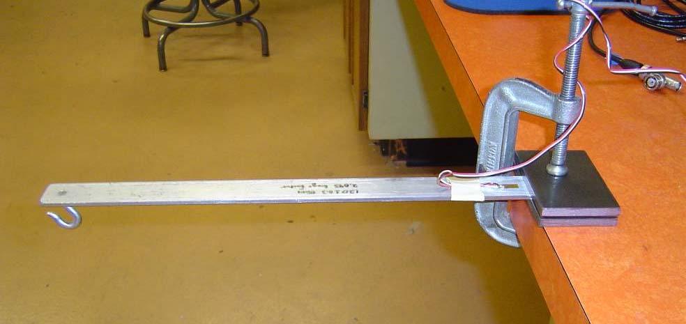 Figure 2. The completed strain gage installation. The beam is shown mounted to the cantilever structure (steel blocks and clamp). Actual beams in this experiment may be different (e.g., hook).