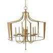 Stylized, tapered brass horn chandelier with crystal bobeshes.