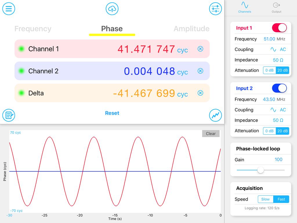 Figure 5: Above is a screenshot of the phasemeter interface in the Moku:Lab application on the ipad mini.