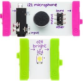 0 [11] containing digital music in WAV format, and two LittleBits modules [12]: A microphone/amplifier bit and a bright LED bit. See Figure 4.