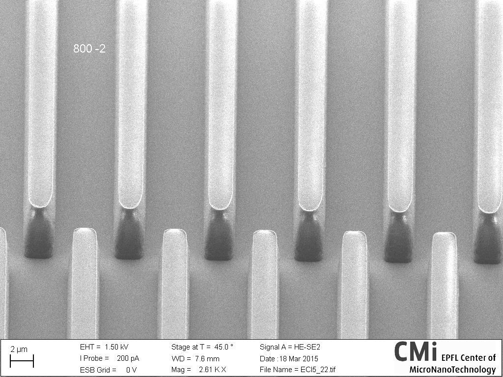 Figure 9: AZ ECI, 5 um thick, 4 um lines and spaces Figure 10: 100 nm gold line fabricated with a double patterning using AZ ECI 0.6um.