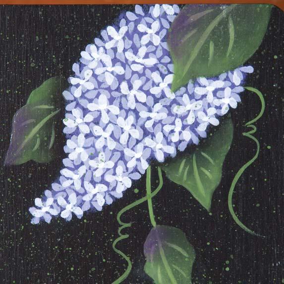 Lilacs: 1. For the base layer of blossoms, use the medium Texture brush with Grape Juice, dance throughout the lilac pattern area. 2. There are four small strokes that form each flower blossom.