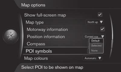 Kaardil kasutatud värvitoonid 11 Settings Map options Compass (Settings > Map options > Compass) Valige, kas kompassisuund (auto esiotsa suund) ekraani kaardikujutisel kuvatakse