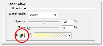 Add an Inner Glow layer style to the Photoshop type layer. Once again, Photoshop will bring up the Layer Style dialog box, this time set to the Inner Glow options in the middle column.