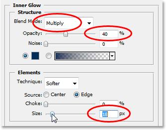 Lower the Opacity value of the shadow down to about 40% so it s not so intense, and finally, increase the Size of the shadow to around 18 pixels: Change the options for the Inner Glow (Shadow) as