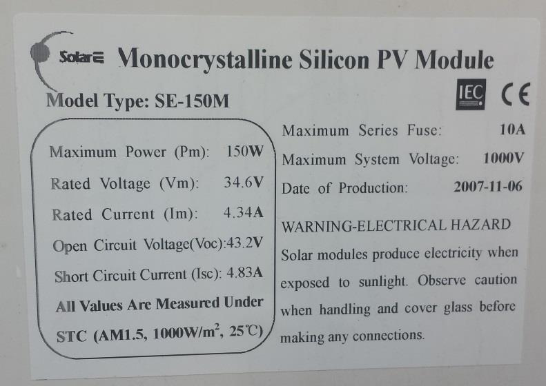 Figure 14: Solar E Mono-Crystalline Silicon PV Module Model: SE-150M This project relied on the sustained use of 3 different PV module technologies.