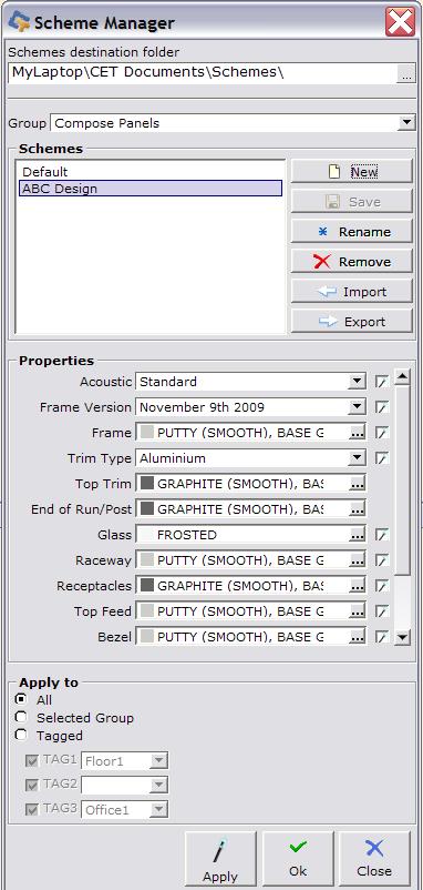 Compose Schemes Option Dialog Boxes Haworth Scheme Manager for Panels Scheme Manager dialog box with many options for panels.
