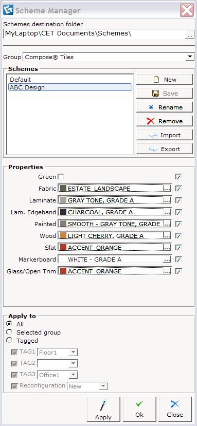 Compose Schemes Option Dialog Boxes Haworth Scheme Manager for Tiles Scheme Manager dialog box with many options for tiles.