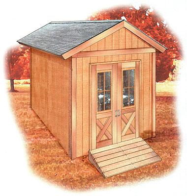 This 8 12-ft. shed features a simple gable roof, double doors, and side and rear windows for natural lighting.