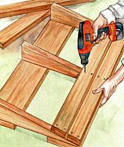 8. Set the ramp in place against the shed and fasten it by toenailing through the end stringers and top decking board with 3