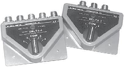 LIGHTNING / SURGE PROTECTION Coax Switches Lightning Protection Delta-4B 4 Position Switch This lightning protected 4 position RF coax switch uses the Alpha Delta Arc- Plug cartridge to protect your