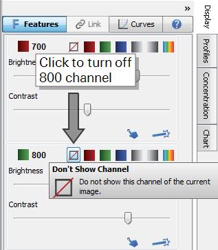 How to Use the Image Studio Software Western and MPX Western Analyses - Page 13 Click the Don't Show Channel button in the 800 channel section of the Display tab to turn off 800 channel visibility.