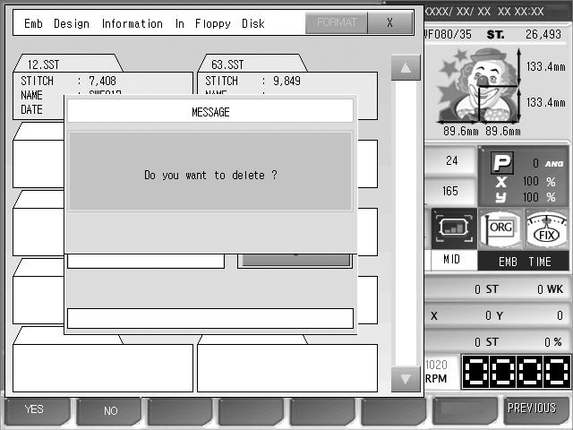 [Exercise 5.3.1-2] Delete 63.SST in a floppy diskette. Select as in <Fig. 5.3.1-2> and press F7 SELECT. Press F2 DELETE. Then, <Fig. 5.3.1-7> appears. The message asking Do you want to delete?