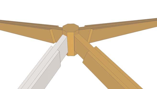 39. Locate Front Mid Rafter (53 1/4 long / 40 degree angle cut on ends). Position on Core Block 90 degrees from other rafters. Attach as per Step 36.