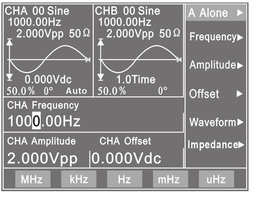 1.3 Description of LCD Display 1 1 1 Channel A waveform display: the waveform of channel A and preset parameters are displayed at the upper-left portion.