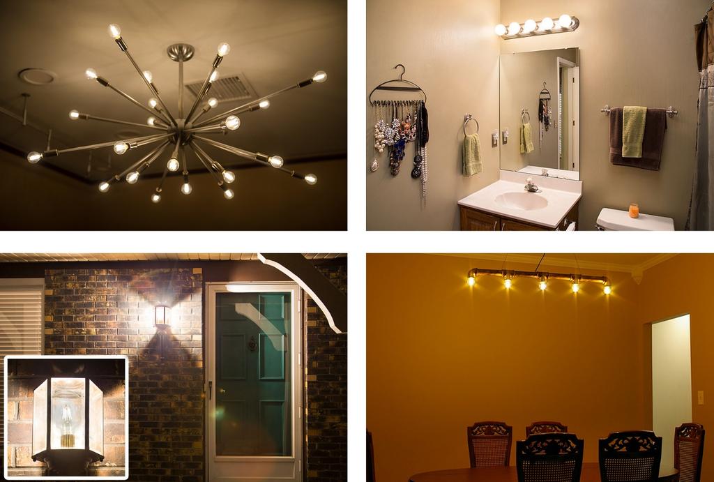 G group: G11, G14, G16/G50, G60, G25/G80, G30 From top left to bottom right: G14 LED bulbs in ceiling light fixture, G30 LED bulbs in bathroom vanity, G30 LED filament bulb in porch
