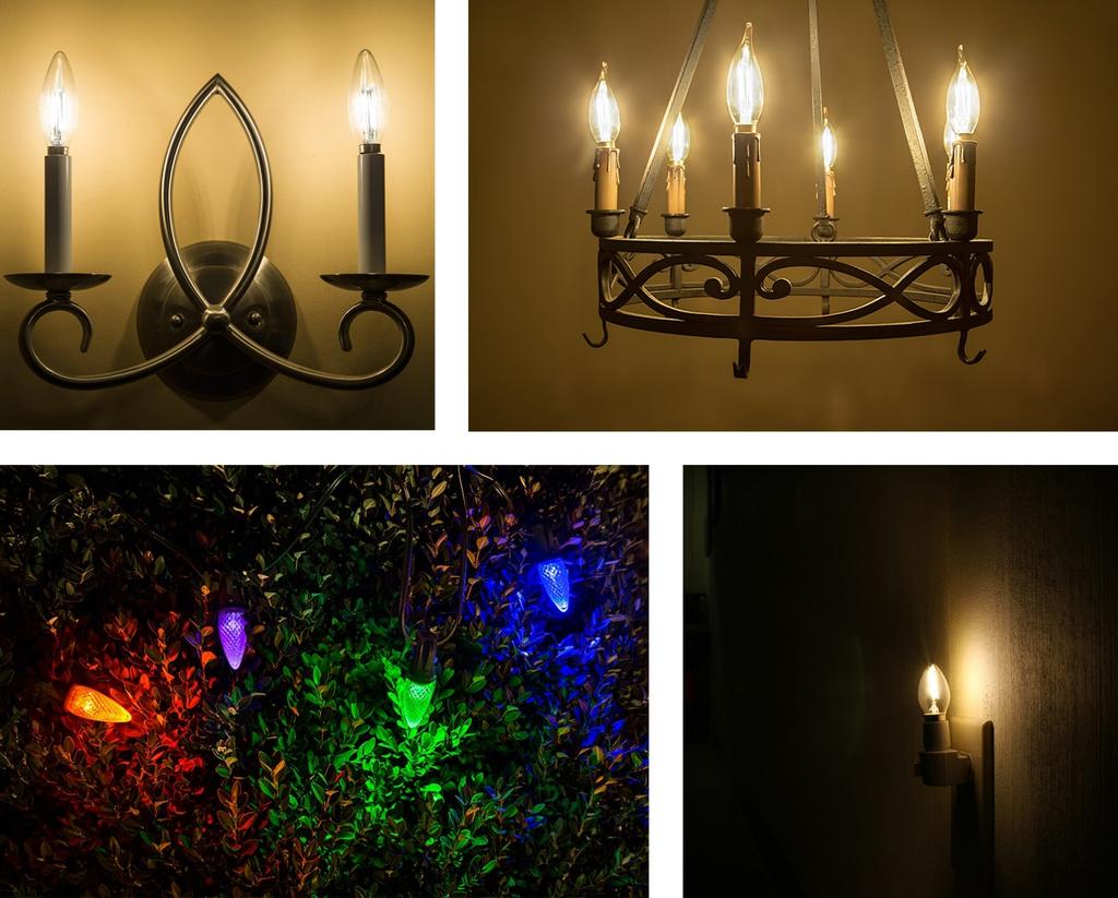 B and C groups: B10, C7, C9, C15, CA10 From top left to bottom right: B10 LED bulbs in wall sconce, CA10 LED bulbs in chandelier, C9 LED bulbs in Christmas light strings, C7 LED bulb in night light