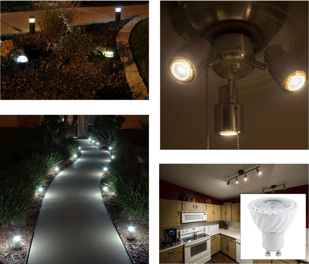 From top left to bottom right: MR11 LED bulbs in bollard lights, MR16 LED bulbs in ceiling fan fixture, MR11 LED bulbs in path lights, MR16 LED bulbs in kitchen track light