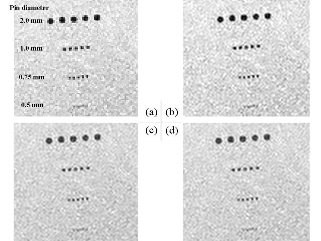 Fig. 9: Pin pattern images: (a) original image acquired with 128 128 mm FOV and 256 256 pixels matrix size, (b); (c); and (d)