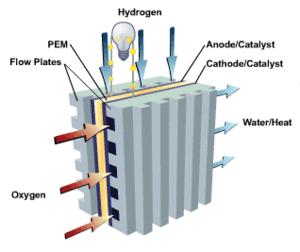 the direct combustion of hydrogen and oxygen gases to produce thermal energy. A stream of hydrogen is delivered to the anode side of the membrane electrode assembly (MEA).