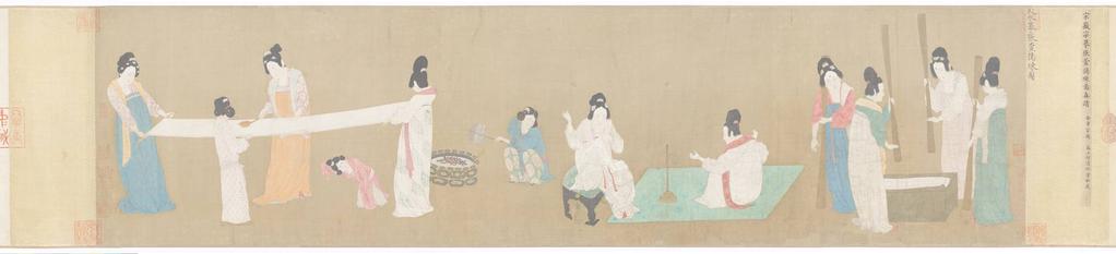 Possibly Emperor Huizong (1082 1135), Court Ladies Preparing Newly Woven Silk, About 1101 26, ink, colour