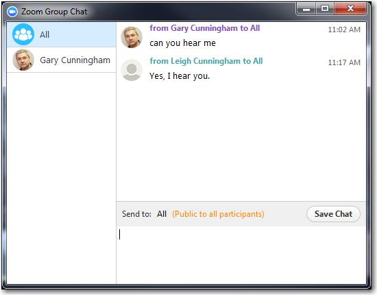 You can also communicate with others in the meeting via text message in a Chat window.