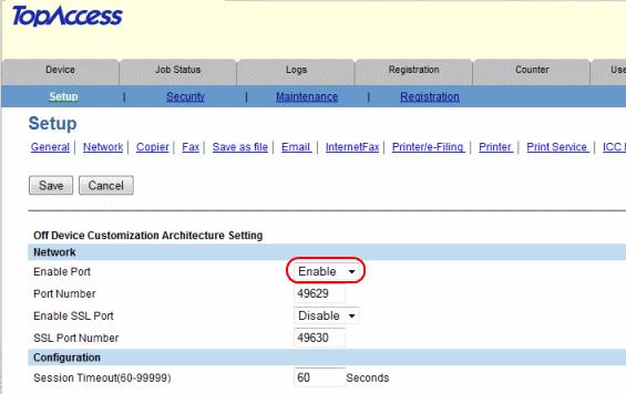 2. Select the Administration tab and Setup. 3. Select the ODCA tab. 4. Enable the port in the drop down list. 5. After completing this the screen should look like this: 2.2.4.9 Enable Job Quota for Zero Stop To enable the zero stop functionality, the Quota Setting needs to be set to Job Quota.