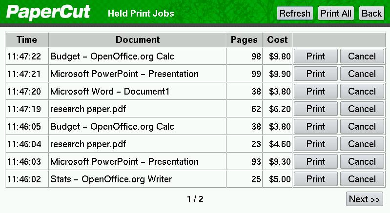1. Enter the testusersimple username and password and press Login. 2. Select the Release Held Print Jobs option. 3. The list of held print jobs is displayed. 4.