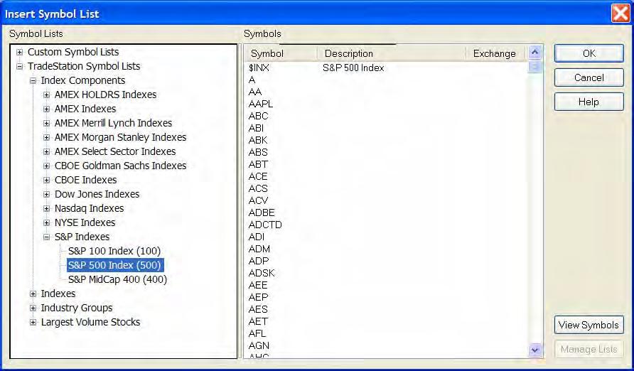 Using TradeStation Symbol Lists Ms. Essex used TradeStation Symbol Lists to create a RadarScreen window of actively traded, liquid stocks.