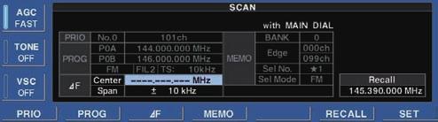 8 SCANS F scan F scan scans a small range of frequencies around an operating frequency. F scan center frequency can be set as specific frequency or as the operating frequency.