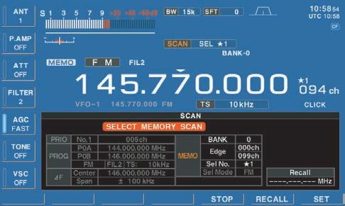 SCANS 8 D Select memory scan operation [SQUELCH] [EXIT/SET] [SEL] Scan indicator and select memory group number appear Select memory scan allows you to increase scan efficiency by searching for