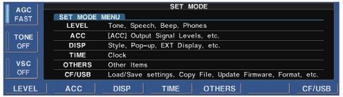 11 SET MODE Set mode description D Set mode operation [F-1 LEVEL] [F-5 OTHERS] [F-7 CF/USB] [F-2 ACC] [F-3 DISP] [F-4 TIME] [EXIT/SET] Main dial Set mode is used for programming infrequently changed