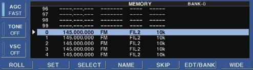 MEMORY OPERATION 7 Memory list screen The memory list screen simultaneously shows 9 memory channels and their programmed contents. 15 memory channels can be displayed in the wide memory list screen.