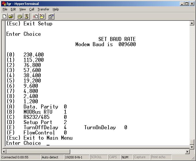 From the Radio Module Setup program Main Menu enter 1 in the Enter Choice selection to open the Set Baud Rate menu. Enter the number for the required baud rate in the Enter Choice selection.