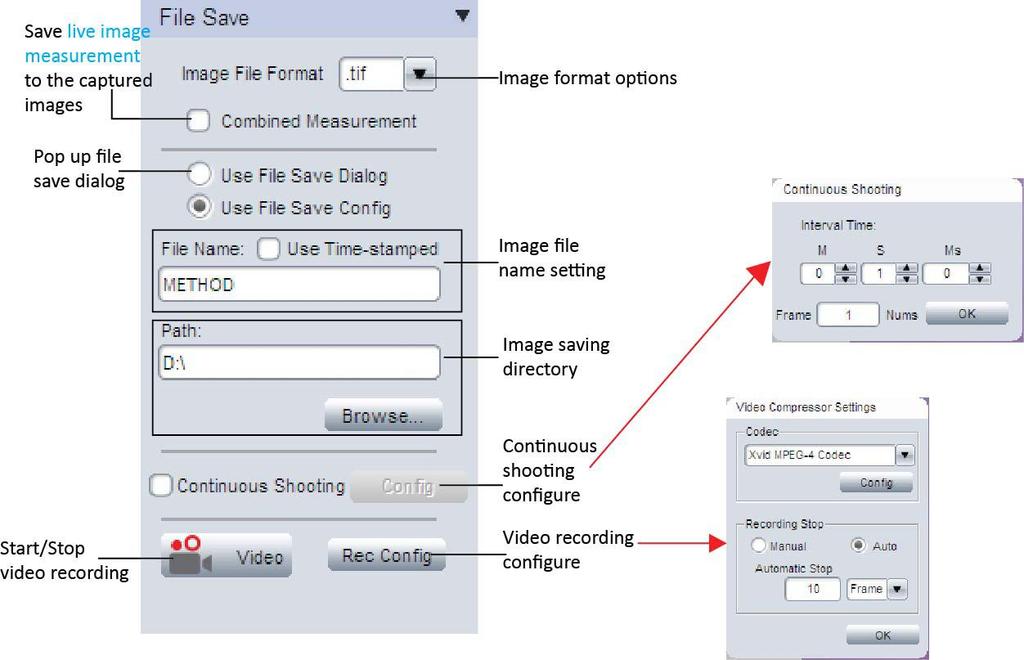 In the [File format] dropdown menu, 4 file formats are available: JPEG, BMP, TIFF and RAW. Raw image file contains minimally processed data from the camera.