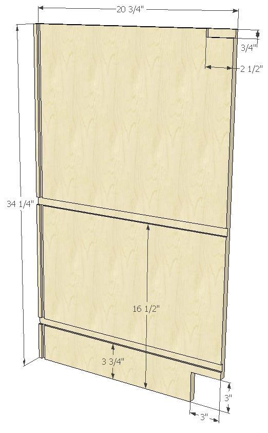 SIDE PANEL Shown is the right side panel. The left side is the inverse. Shelf dados are ¾ W x 1/4 D.