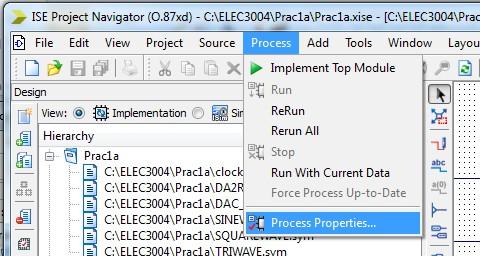 12. Next select Process Properties, then in Startup Options, set FPGA Start-Up Clock to JTAG Clock,