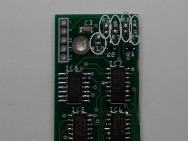 13 14 14: Solder 5x 2.2k resistor (R6, R7, R8, R9, R10) on the front of the address side.