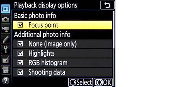 Figure 3.4 - Playback Display Options, allowing you to select which information and displays are available to view during image playback.