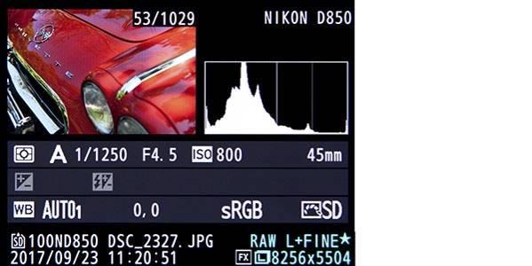 Figure 3.5 - The Overview information display screen during image playback, showing a thumbnail of the image, the combined RGB Histogram, and shooting and file information. Figure 3.