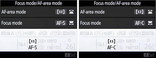 Figure 5.6 - Autofocus Modes, as viewed on the Information Display on the rear LCD Monitor, while changing the settings - Left: AF-S mode. Right: AF-C Mode.