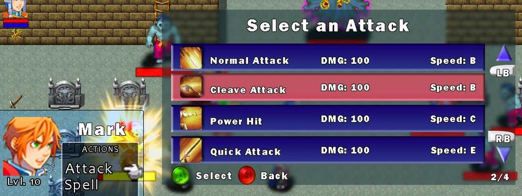 if the command selected is the attack command, the sub window will show all of the different ty pes of attacks that the selected character has, if the c ommand selected is the item command, the sub