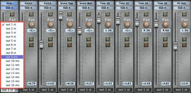 Steven Slate Drums 4.0 14 Setting up Multi- Output 6 From the SSD Mixer page, each SSD4 drum instrument, bleed tracks, bus, or aux can be routed to its own track or channel within your DAW.