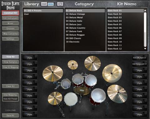 Steven Slate Drums 4.0 5 Loading a Kit The Construct Kit page allows you to load and save any of the SSD4 Preset Kits.