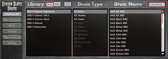 Steven Slate Drums 4.0 6 Loading an Instrument On the Inst page, you can Audition the individual drum pieces from the Classic and the Deluxe series as well as the newly added Electronic drums.
