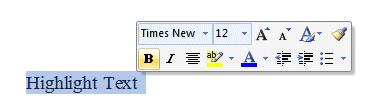 Select Text Mini Toolbar Dacă un text este selectat cu ajutorul mouse-ului şi cursorul este ţinut deasupra textului