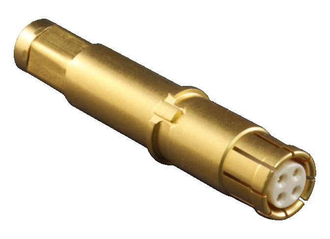 One contact consists of outer contact, fluorocarbon dielectric, inner contact, intermediate contact and shield crimp bushing. All contacts are gold-plated copper alloy. Approved to SAE AS39029.