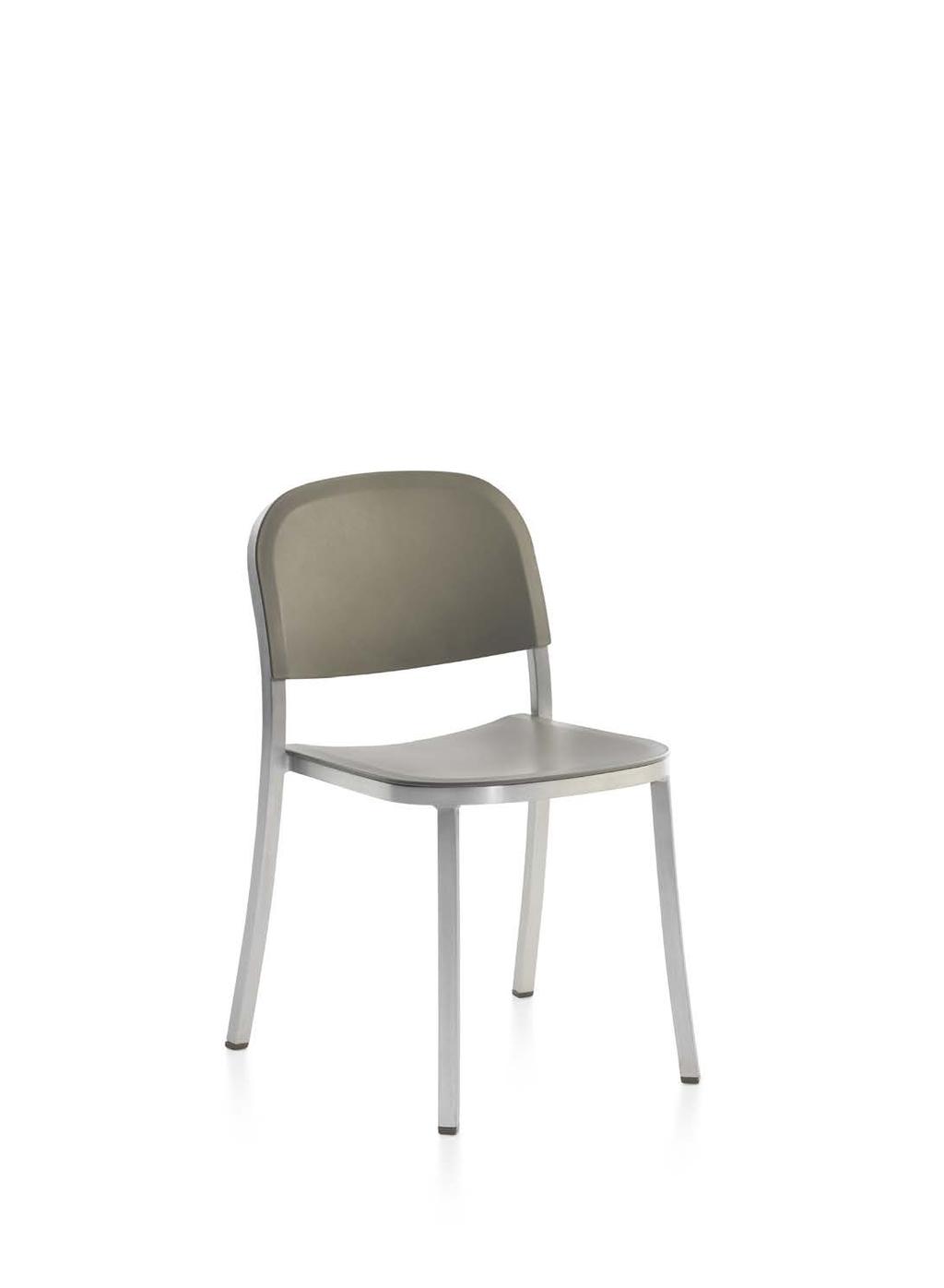 All 1 Inch chairs and stools with seats made from 100% reclaimed wood polypropylene, and frames in hand brushed, clear anodized aluminum, are suitable for outdoor use, with a selection of 7 colors.