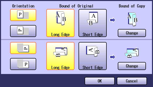 the original, and then select OK. Ex: When 1 -> 2 is selected Long Edge: Copies both sides of the smaller original aligning to the long edge of the original.